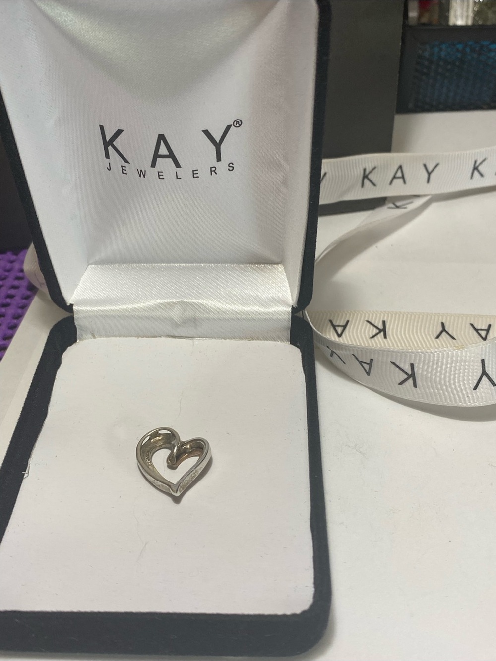Kay Jewelers Silver Open Heart Pendant with pave diamonds